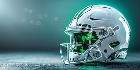 Fototapeta premium 3d rendering of white american football helmet with green lights on dark background