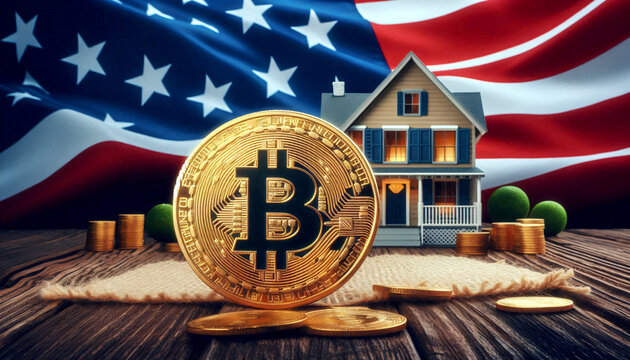 Eine gro&szlig;e, goldene Bitcoin - M&uuml;nze steht vor einem Haus. Im Hintergrund die Stars and Stripes Flagge der USA. Finanzielle Absicherung und Wertzuwachs.