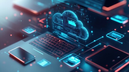 Cloud data sync with holographic icons connecting laptop, phone, and tablet, isolated on white