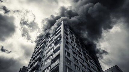 Fototapeta premium Dramatic: Urban apartment building ablaze, smoke billows; monochrome palette recommended 