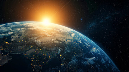 Panoramic view of the planet from space, sunrise against a black starry sky