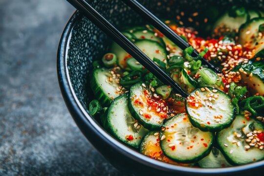 A dish of spicy Korean cucumber salad