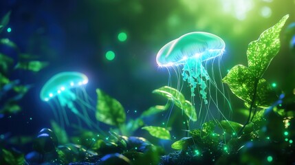 Fototapeta premium Explore the enchanting glow of bioluminescent jellyfish in underwater serenity