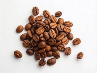 Naklejka premium Aerial View of a Small Pile of Roasted Coffee Beans on a Clean White Background Highlights the Rich Texture and Color of Freshly Brewed Coffee for Culinary and Food Photography