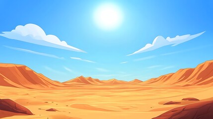 Naklejka premium Vast desert landscape with dunes stretching endlessly under a blazing sun and a blue sky