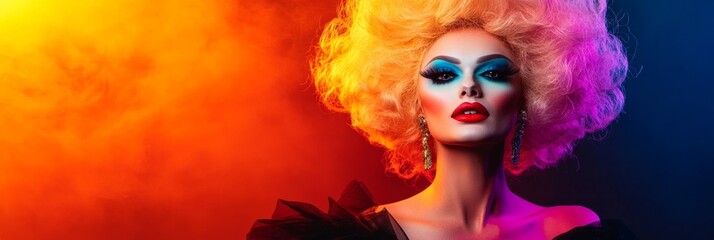 Obraz premium Drag queen performs in glamorous attire, large blonde wig; vibrant palette 
