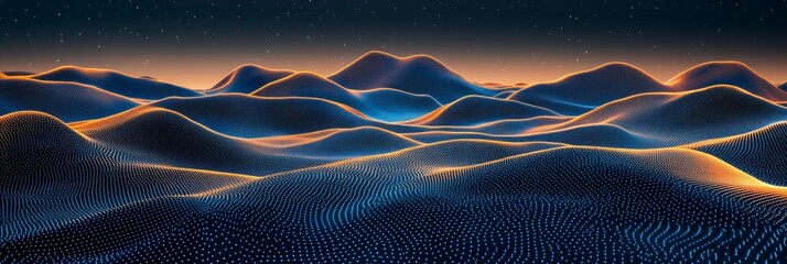 Flow, Abstract Illuminated Lines Forming An Expansive Topographical Map Under A Starry Sky