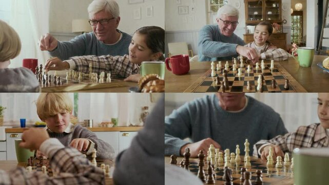 Split screen of intelligent Caucasian old man teaching his two young grandchildren to play chess game at wooden table in cozy, warm cottage house at daytime