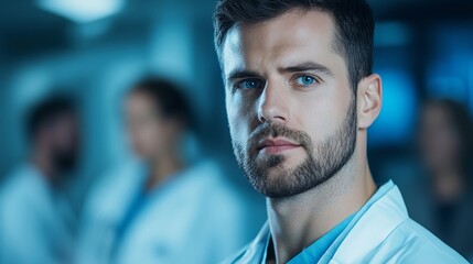 Medical professionals urgently communicating patient data in life-saving scenario Use cool palette 