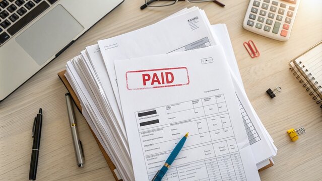 Aerial View of Business Documents with a Stamped Invoice Marked as Paid, Showcasing Financial Transactions and Accounting Processes from Above