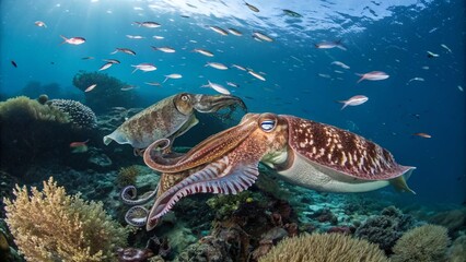 Fototapeta premium Aerial View of Cuttlefish Engaged in Mating Rituals and Combat in Vibrant Underwater Ecosystem Captured from Above, Showcasing Their Unique Color Changes and Patterns