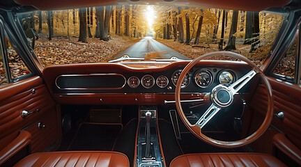 Fototapeta premium Interior of a classic muscle car seen from the driver perspective, seen through the windshield is an Autumn wood road.