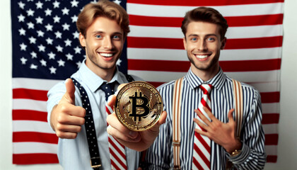 Zwei junge Männer Bitcoin - Münze in der Hand.. Stars and Stripes USA. Finanzielle Absicherung und Wertzuwachs. Bitcoin ist eine durch Computer - Power digital erzeugte (schöpfen) Krypto Währung.