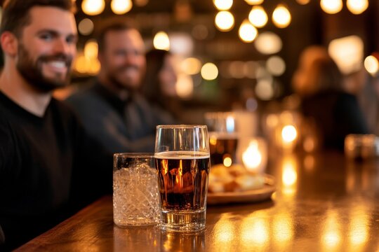 Friends enjoying drinks and appetizers at bar Use warm palette 