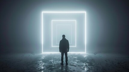 A lone figure stands before a glowing, ethereal doorway, symbolizing the unknown.