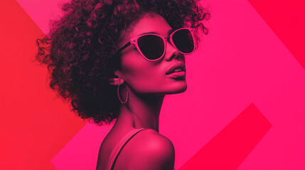 A woman in shades of bright neon pink, styled in a fashion retro funk style, captured in a vibrant and bold presentation slide design, perfect for modern, trendy projects
