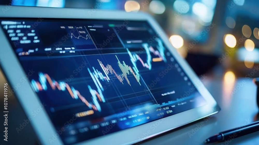 Poster analyze stock market trends using a digital tablet interface