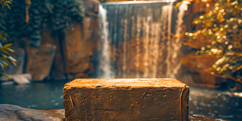 A stone podium front of water fall.   
