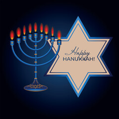 Happy Hanukkah. Candle holder with candles and star of David. Realistic vector