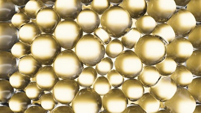 Gold cosmetic serum with liquid bubbles in a 3D abstract background. Hydrating essence gel enriched with collagen molecules. Moisturizing cream or oil for advanced skincare, beauty, and skin health.