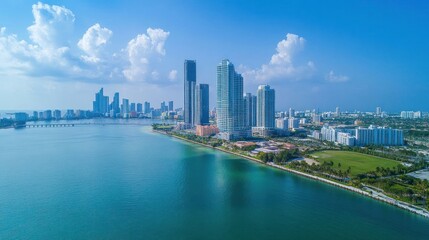 Aerial view of a modern city skyline with skyscrapers and waterfront.