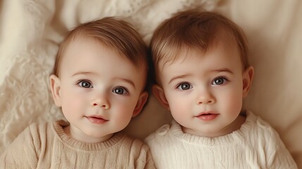 A close up portrait of twin babies with big brown eyes, looking at the camera.