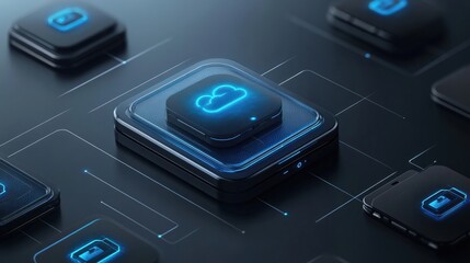 Futuristic cloud sync icon with holographic effect, showing real-time data sharing across devices
