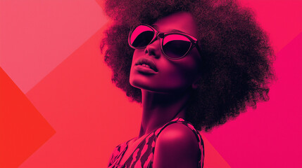 A woman in shades of bright neon pink, styled in a fashion retro funk style, captured in a vibrant and bold presentation slide design, perfect for modern, trendy projects