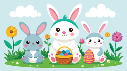 easter set with cute cartoon rabbits vector