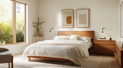 Showcase your modern wall art in a clean editorial style setting for a serene bedroom atmosphere