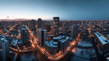 Naklejka premium Panoramic view of a city skyline at twilight with illuminated buildings and snow-covered streets.