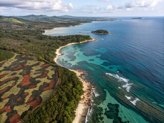 Fototapeta premium Aerial View of Marine Digital Camo Patterns on Coastal Waters: Abstract Shapes and Colors Blending with Nature's Palette in an Eye-Catching Display of Modern Design