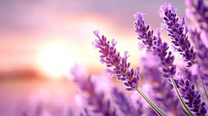 Obraz premium A serene lavender field glows softly at sunset, capturing the beauty of nature with delicate purple blooms against a warm, pastel sky.