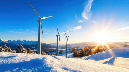 Harnessing clean energy wind turbines gracefully stand on hillside at sunset