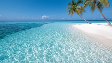 A serene tropical beach with clear turquoise waters, white sand, and palm trees under a bright blue sky, perfect for relaxation and vacation.
