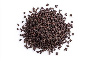 Barley tea and roasted grains on a white background viewed from above