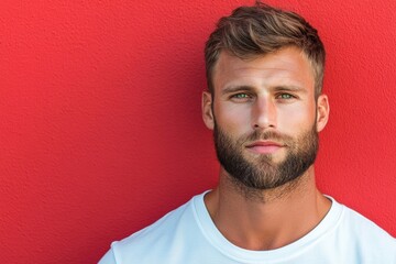 Fototapeta premium Bearded man in white shirt against red wall, green eyes Palette: Red, white, green 