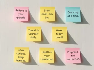 Self-Improvement Planning Essentials. colorful sticky notes with motivational quotes about personal growth, investment in self, and the importance of progress over perfection.