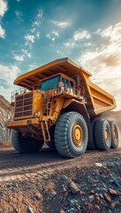 Obraz premium Mining Dump Truck at Open Pit Extraction Site, Industrial Landscape Under Blue Sunny Sky