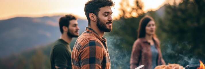 Man grilling food, two people nearby; warm, earthy color palette 