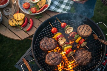 Fototapeta premium Aerial View of Sizzling Meat and Colorful Vegetables on a Grill, Capturing the Essence of Summer Barbecues, Outdoor Cooking, and Delicious Food Preparation