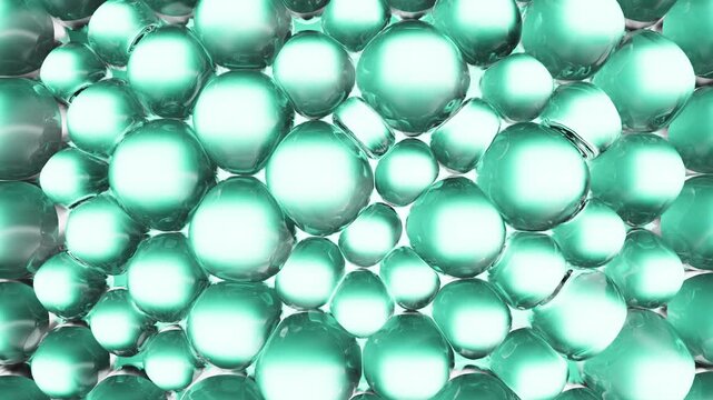 Turquoise cosmetic serum with liquid bubbles in a 3D abstract background. Hydrating essence gel enriched with collagen molecules. Moisturizing cream or oil for advanced skincare, beauty.