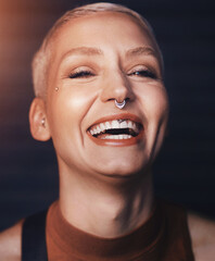 Woman, portrait and happy with nose ring for jewelry, trendy accessory and confidence for casual...