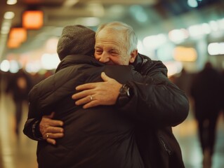 Two men hugging in an airport. One is leaving for a trip, and the other welcomes his return. This image represents friendship, love, and the emotional moments of travel.