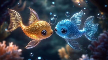 Playful 3d koi fish with round squishy bodies in a vibrant underwater scene