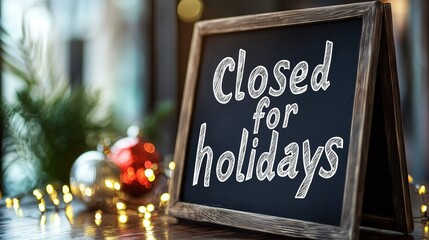 Chalkboard sign 'closed for holidays' with christmas ornaments and lights symbolizes office shutdown for christmas.