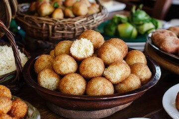 Cheese filled fried rice balls a Brazilian dish known as Bolinho de arroz