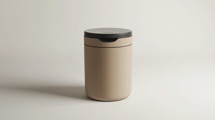 Beige cylindrical container with black lid and spout, isolated on a white background.