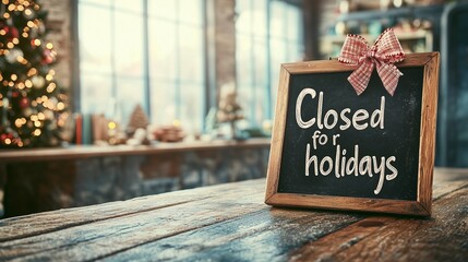 Chalkboard with 'closed for holidays' sign on a wooden table, festive decor in background.