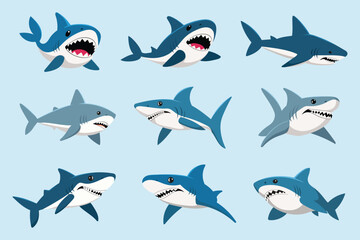 A cartoon illustration depicting nine sharks in various poses against a light blue background.